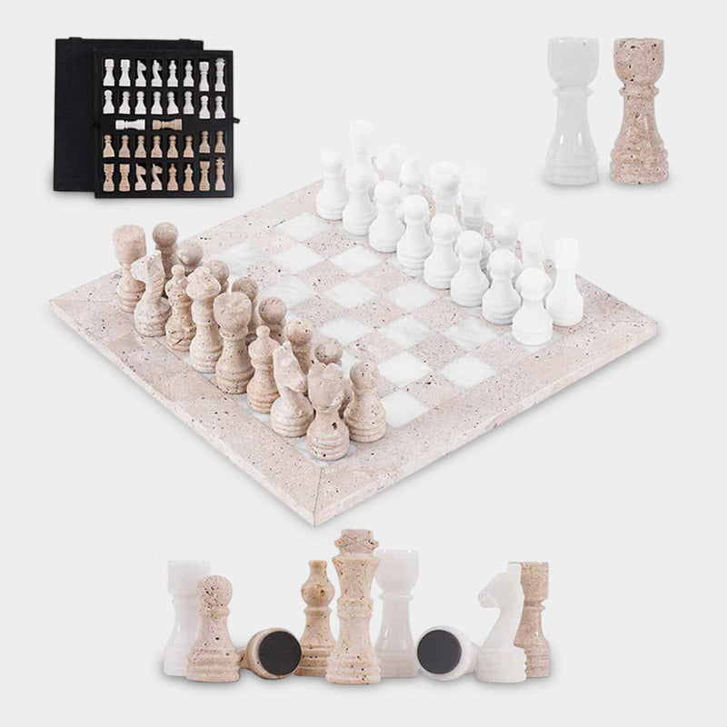 30cm Chess Set With Storage Box - Travertine and White – Marbliss Homewares