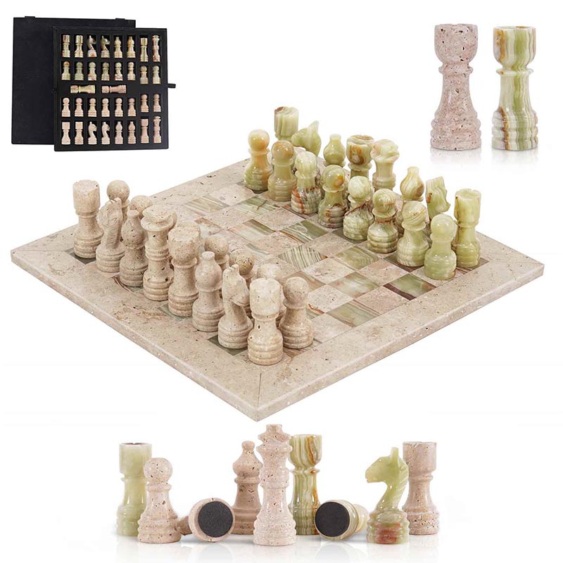 30cm Chess Set With Storage Box - Travertine & Green – Marbliss Homewares