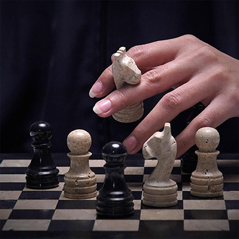 30cm Chess Set With Storage Box - Black & Travertine – Marbliss Homewares