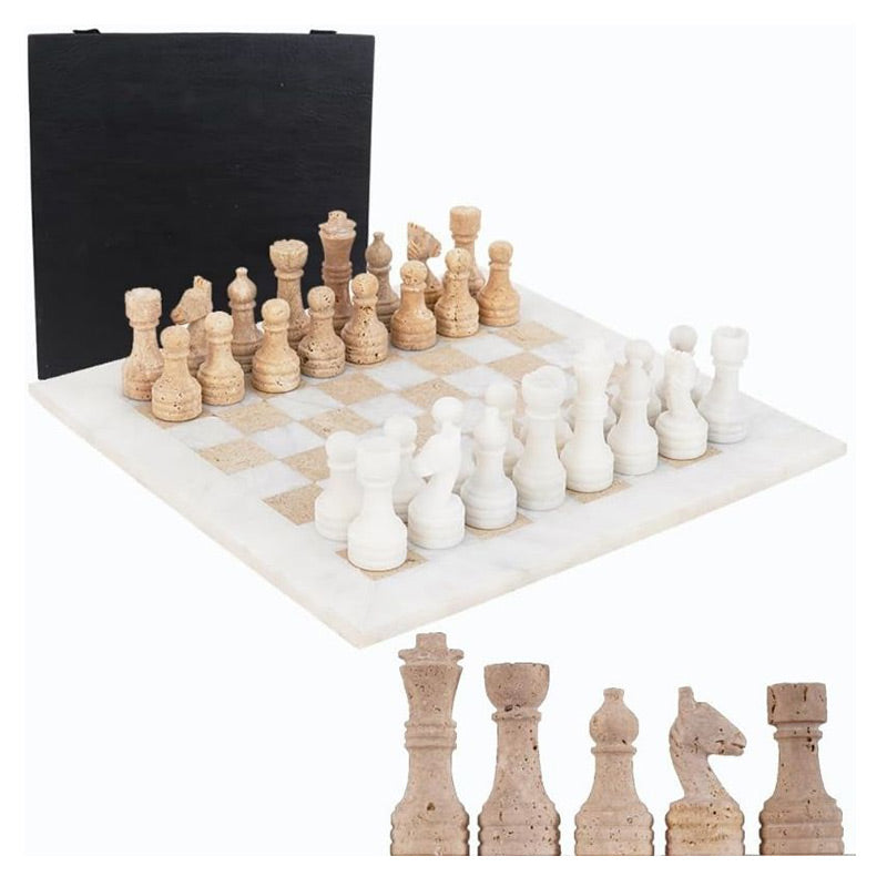 38cm Chess Set White & Travertine – Marbliss Homewares