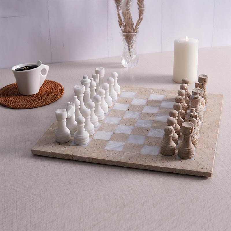 38cm Chess Set With Storage Box - Travertine & White – Marbliss Homewares