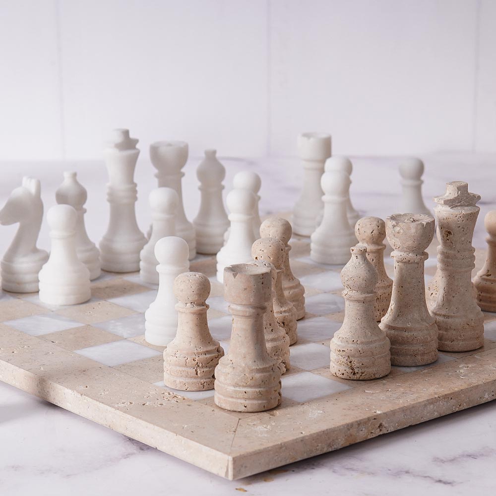 30cm Chess Set With Storage Box - Travertine and White – Marbliss Homewares