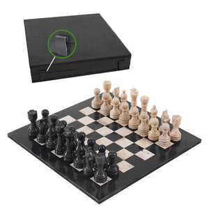 38cm Chess Set With Storage Box -  Black & Travertine