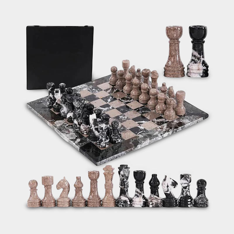 Marble 38cm Chess Set With Storage Box - Black Zebra & Oceanic