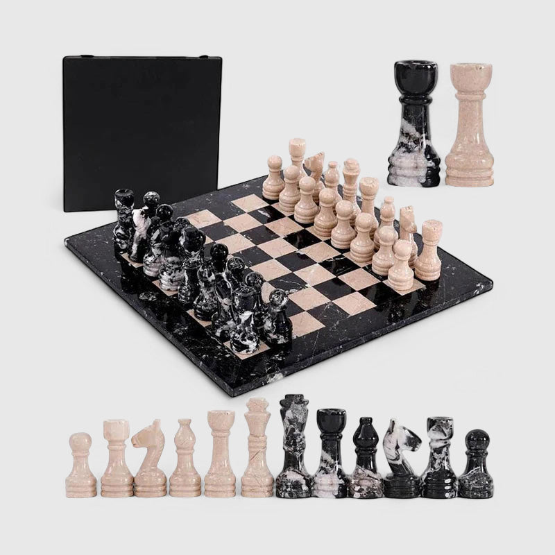 Marble 38cm Chess Set With Storage Box - Black Zebra & Verona