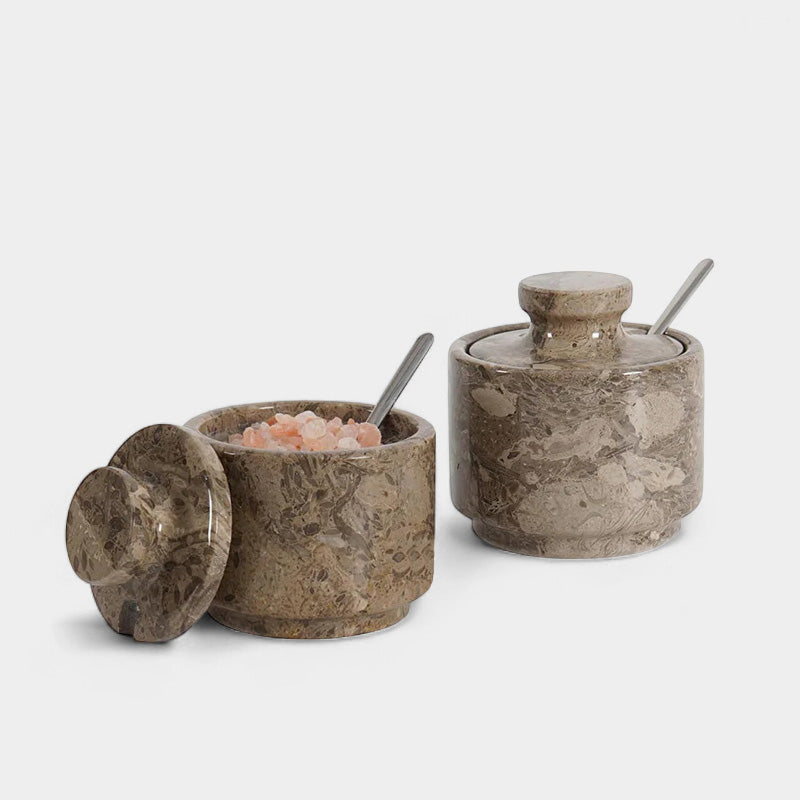 Handcrafted Marble Salt Cellar Set Of 2 With Spoons