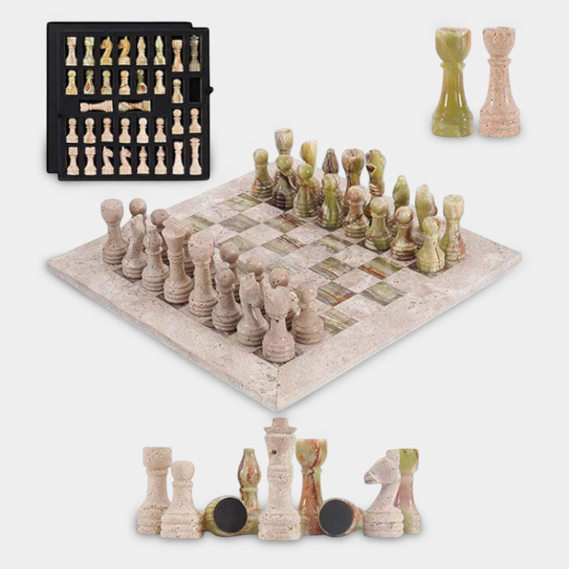 38cm Chess Set With Storage Box - Travertine & Green