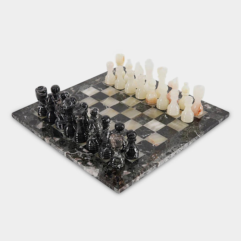 38cm Chess Set - Black Zebra & White Onyx