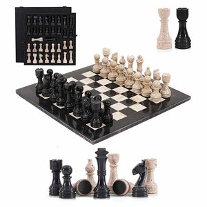 38cm Chess Set With Storage Box -  Black & Travertine