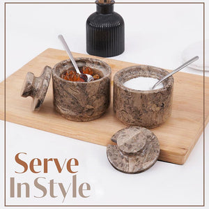Handcrafted Marble Salt Cellar Set Of 2 With Spoons