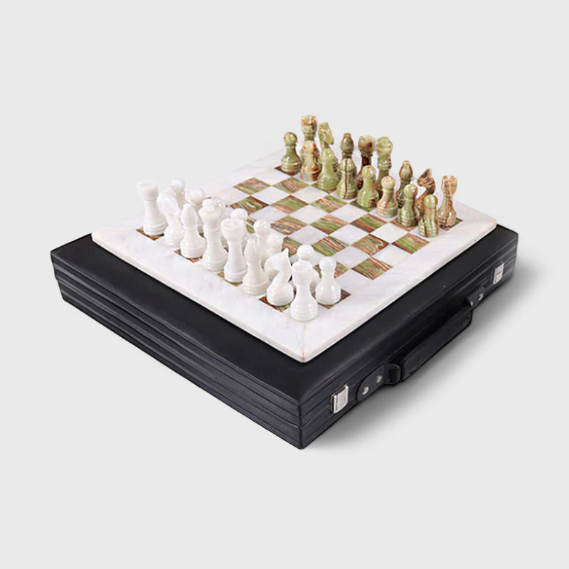 38cm Chess Set With Storage Box - White & Green Onyx