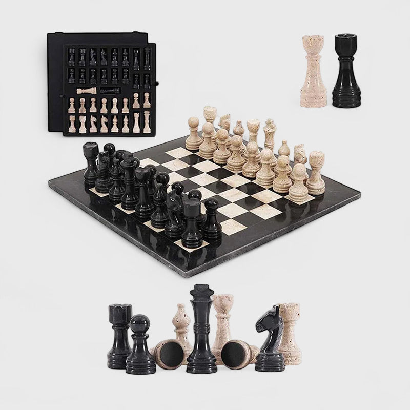 38cm Chess Set With Storage Box -  Black & Travertine