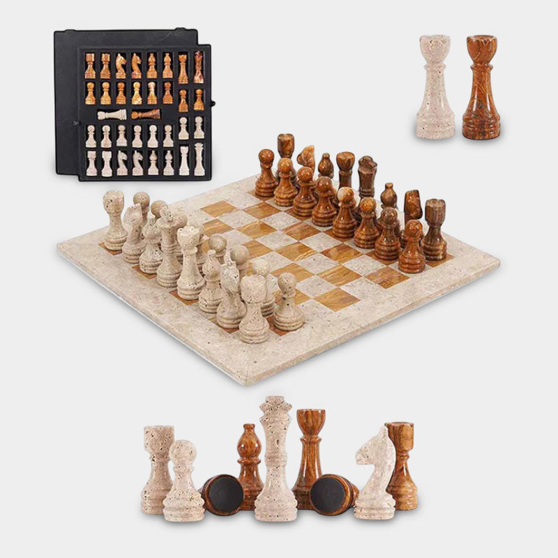 38cm Chess Set With Storage Box - Travertine & Red