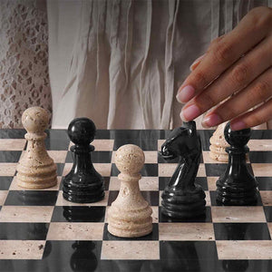 38cm Chess Set With Storage Box -  Black & Travertine