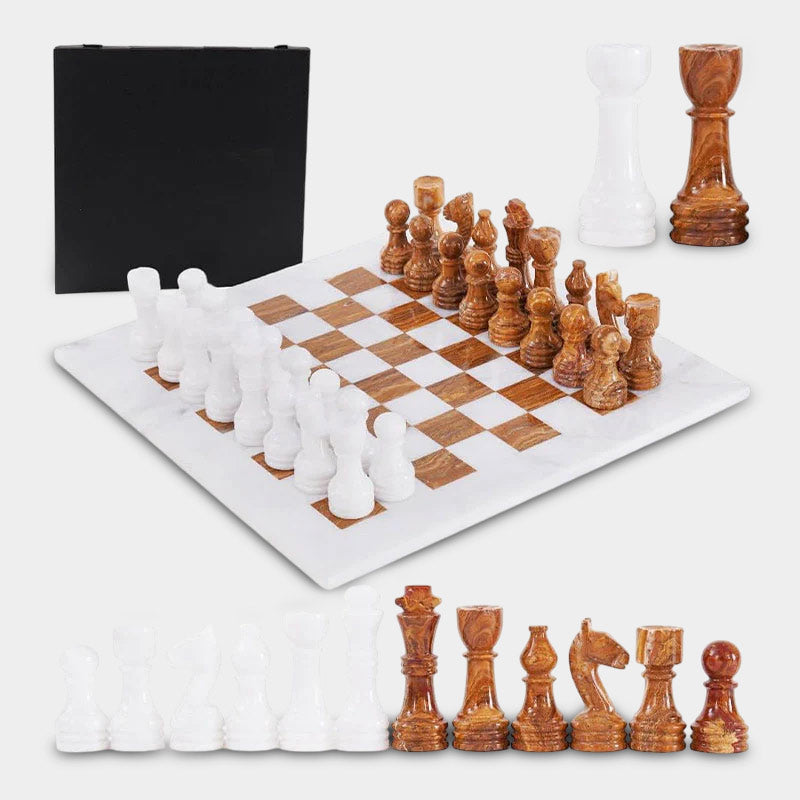 Marble 38cm Chess Set With Storage Box - White & Red