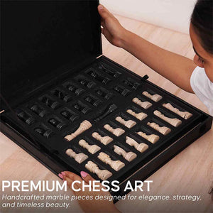 38cm Chess Set With Storage Box -  Black & Travertine