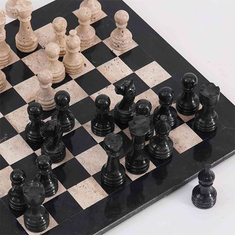 38cm Chess Set With Storage Box -  Black & Travertine