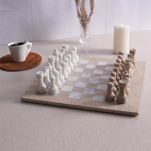 38cm Chess Set - Travertine & White